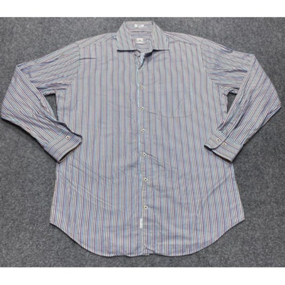 Peter Millar Shirt Mens Large Blue Multi Stripe Button Down Cotton Dress Pocket